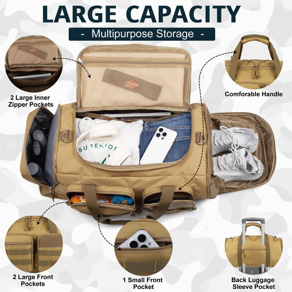 Tactical Gym Bag for Men，50L Large 3 in 1 Sports Duffle Bag with Shoes Compartment for Travel,Water Resistant Travel Backpack Weekender Overnight Bag with Wet Pocket for Women
