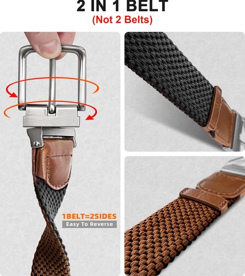 KEMISANT Reversible Braided Belt - Elastic Stretch Design for Men | 1 3/8" Golf Casual Style