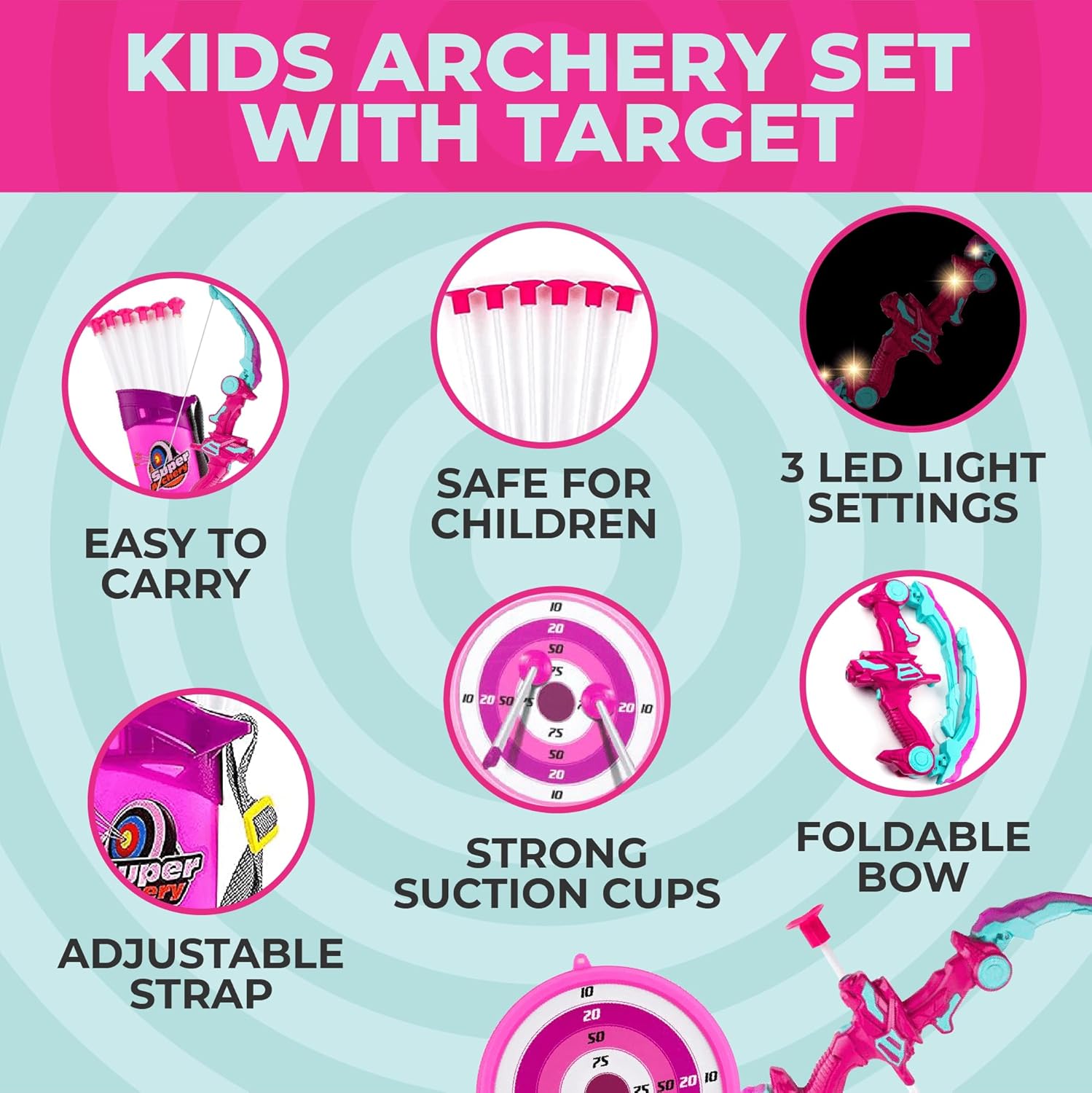 Toysery Kids Archery Set - LED Bow and Arrow Set for Ages 6-8, Includes 6 Arrows, Target & Quiver
