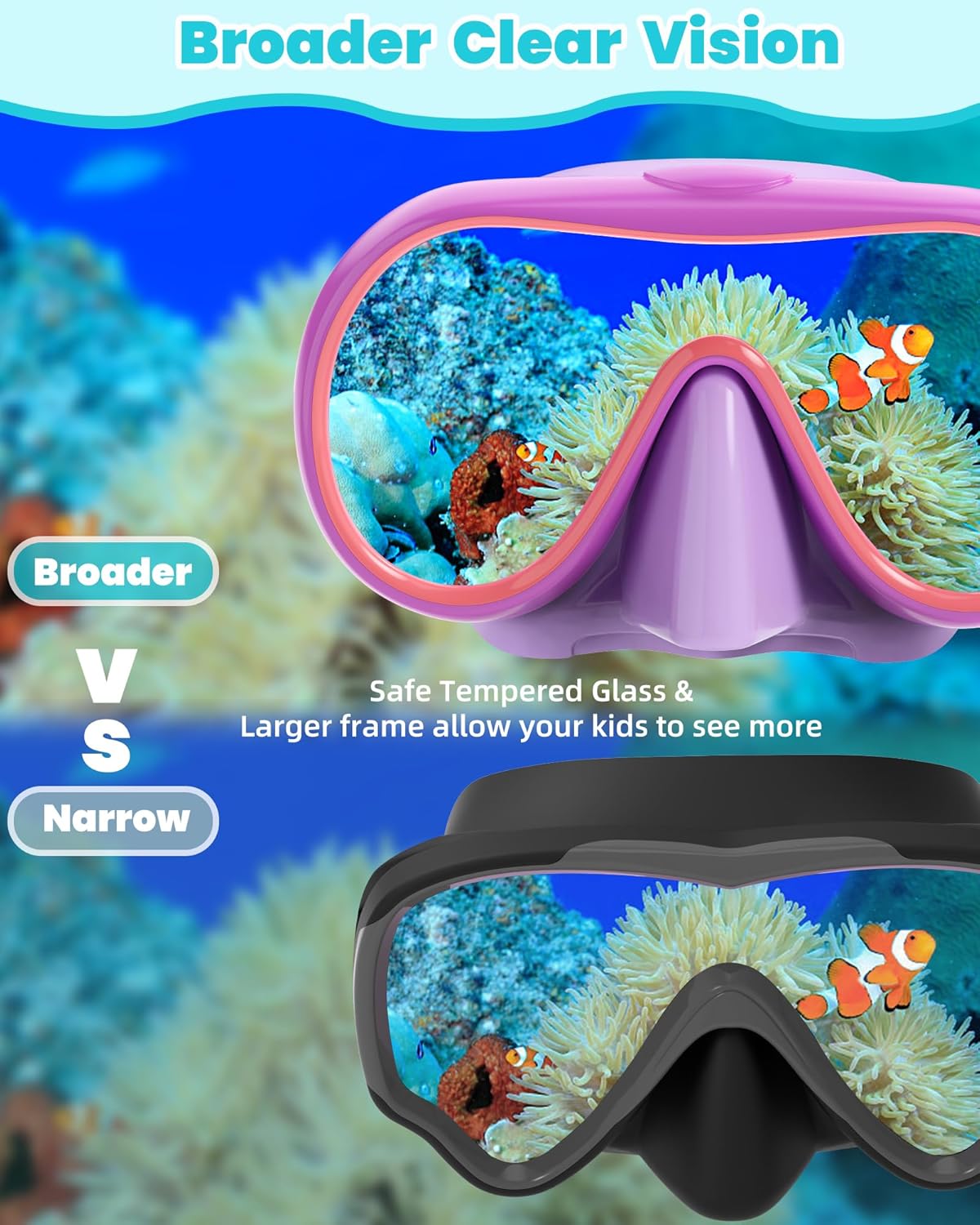 Seago Swim Goggles - 2 Pack with Nose Cover for Kids Ages 6-14 | Wide-Frame Design for Comfort