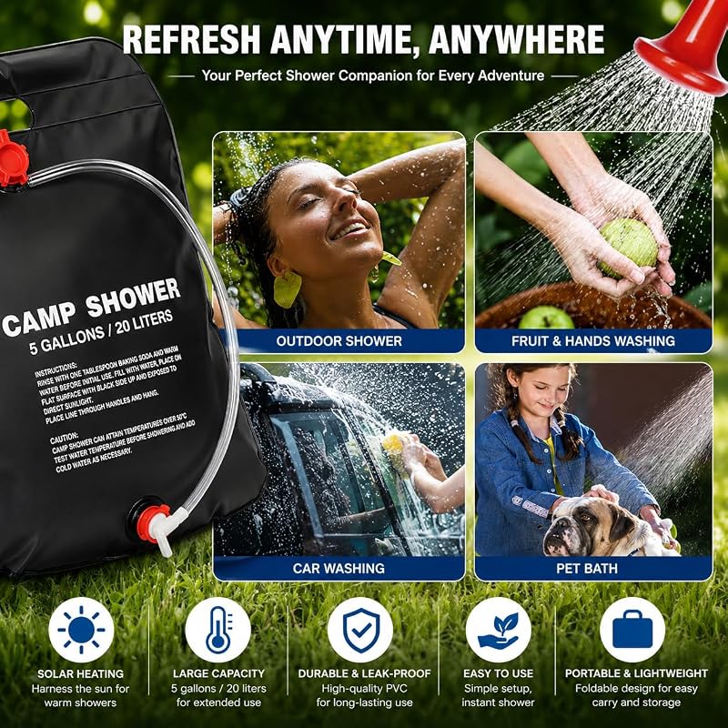 5 Gallon Portable Camping Shower Bag with Collapsible Water Bucket – Outdoor Shower Kit for Hiking, Beach & Travel