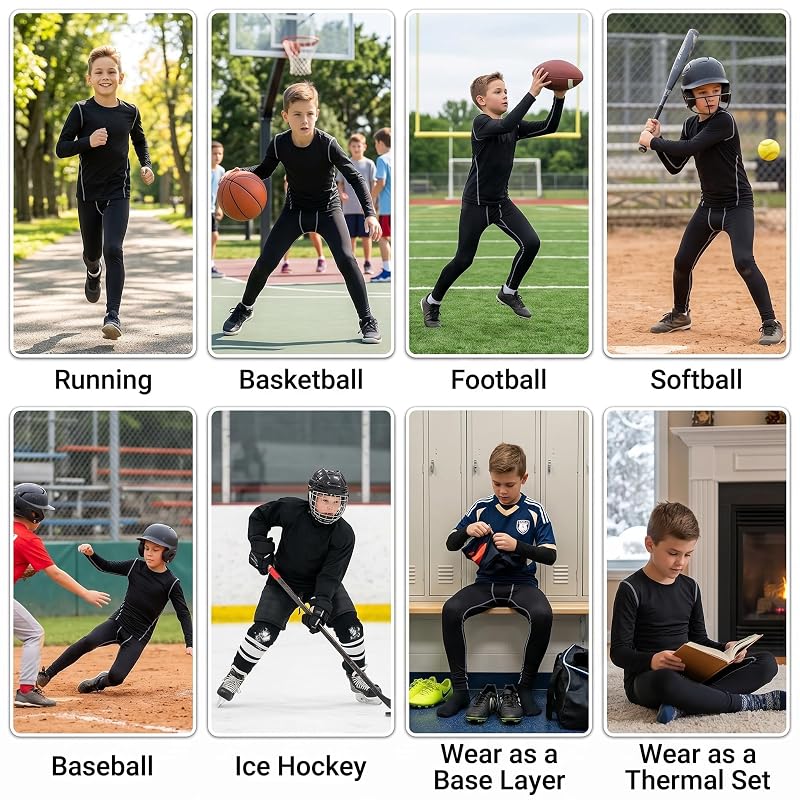 Base Layer Set for Kids - Long Sleeve Top + Full Length Pants, 4-Way Stretch, Quick Dry, 120–160 cm, Variation: Black+5