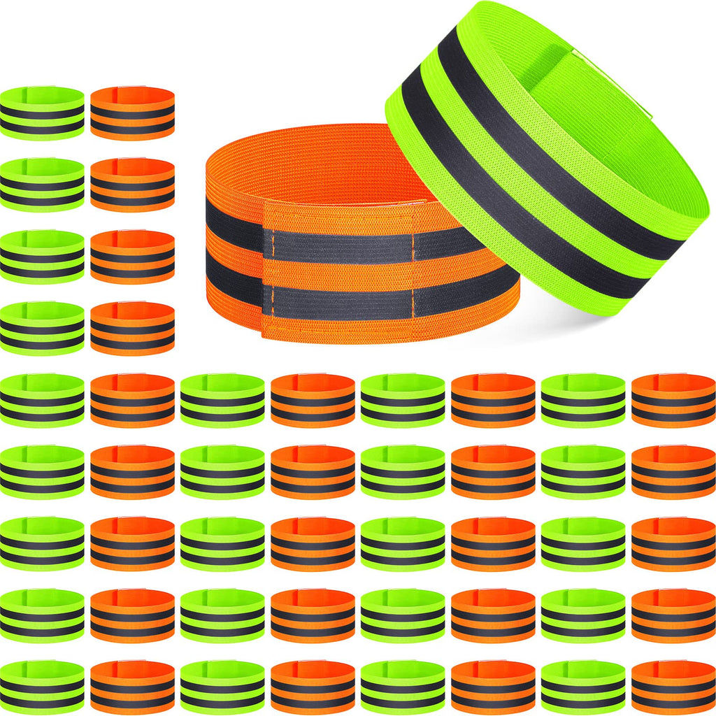 Yilloog 100 Pcs Reflective Arm Bands for Night Walking Reflector Bands Wrist Arm Ankle Leg High Visibility Reflective Gear Safety Reflector Tape Straps for Cycling and Running(Green, Orange)
