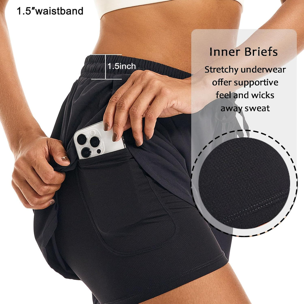 Skiennix Women's 2-in-1 High-Waisted Athletic Running Shorts - Comfy Liner & Zipper Pockets