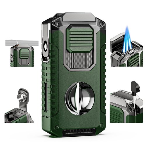 5-in-1 Torch Lighter with V-Shape Shear, Punch, Holder, and Draw Enhancer, Triple Windproof Flame, All-in-one Lighter with Multi-Functional Accessory, Refillable Butane Lighter with Gift Box for Men