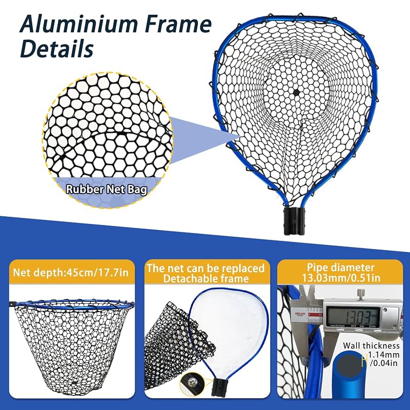 Telescoping Aluminum Fishing Net with Rubber Mesh, 3-Section Pole 64.5" - SEASPRO