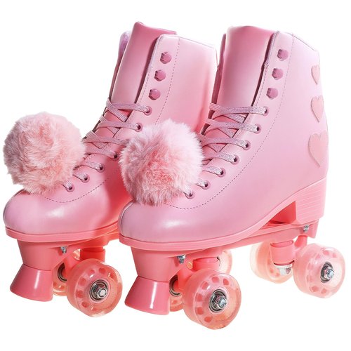 JetHok Roller Skates for Women, High Top PU Leather Rollerskates, Shiny Double-Row Four Pink Wheels Quad Skates for Girls and Age 8-50 Indoor Outdoor (Gradient Pink, US 1)