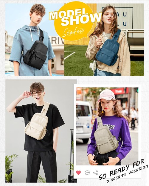 SEAFEW Sling Crossbody Bag for Men Women, Tactical Backpack Shoulder Daypack Mini Anti-Theft Motorcycle Chest Bags, Small One Strap Backpack for Casual Travel Hiking Outdoor Sports Off White