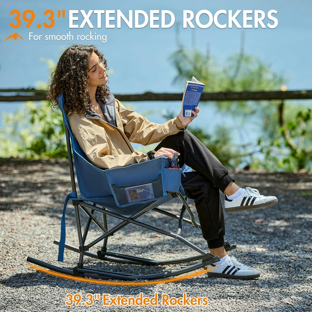 Portal Outdoor Rocking Chair - Portable Folding Rocker with Cup Holder & Side Pocket | Supports 350LBS, Blue