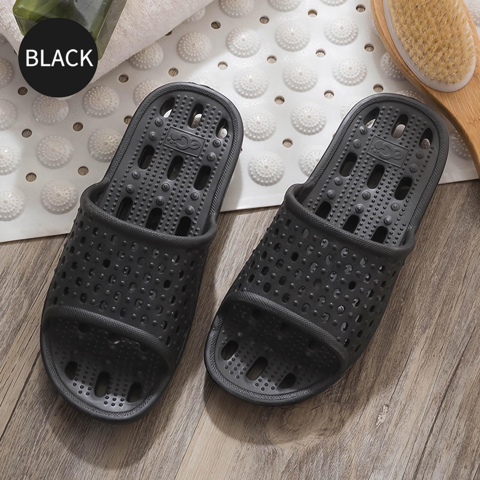 Xomiboe Shower Shoes for Men Women, Non Slip Quick Dry Shower Sandals with Drain Holes, Lightweight EVA Shower Slippers for Gym, College Dorm, Pool, Locker Room Black EU44-45