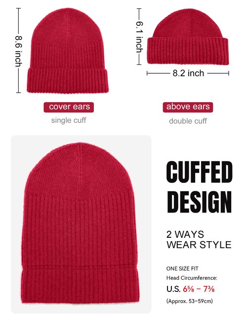 50% Wool Double Cuff Knit Beanie Hat for Men Women, Short Fisherman/Slouchy Winter Skull Cap Trawler Watch Cap, Red