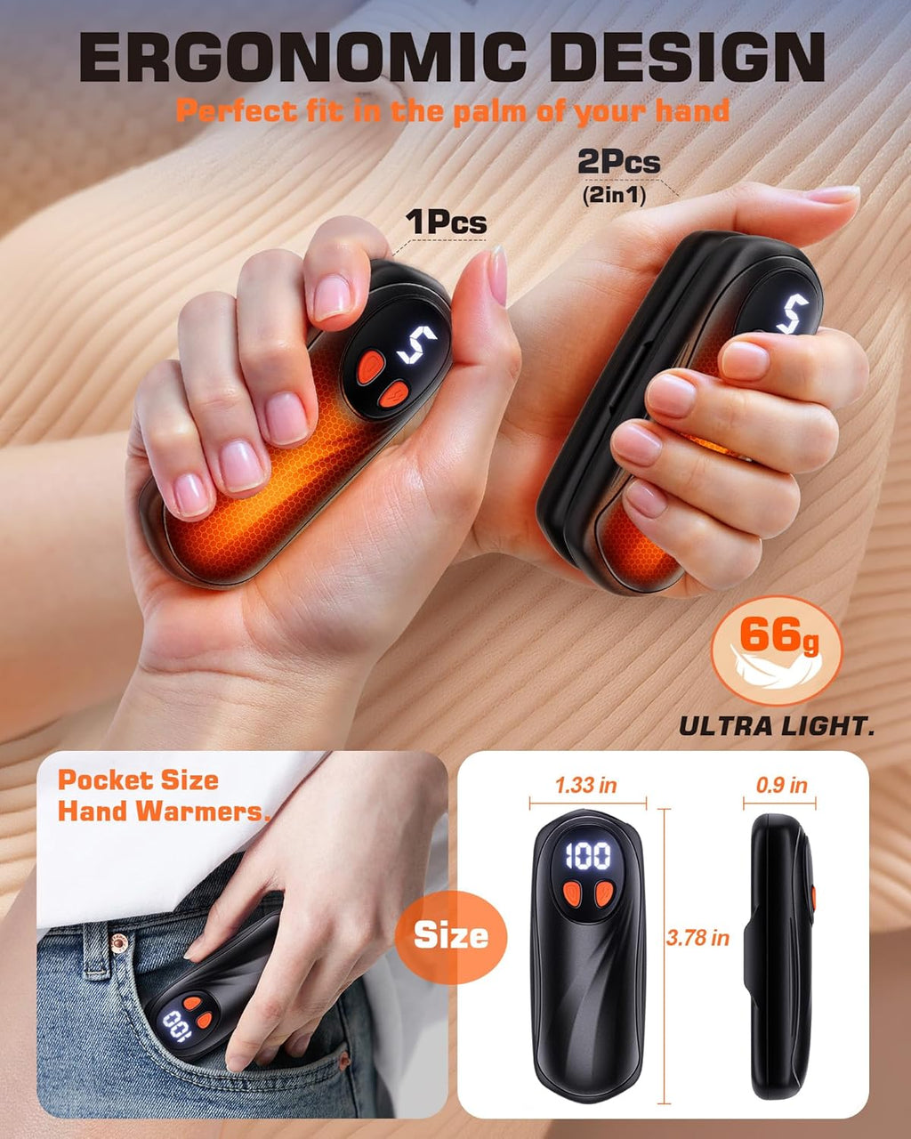Skiennix Rechargeable Hand Warmers - 6000mAh Electric Heat for Instant Warmth | 2 Pack, Silver