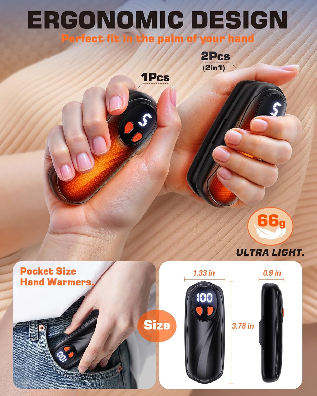 Skiennix Rechargeable Hand Warmers - 6000mAh Electric Heat for Instant Warmth | 2 Pack, Silver