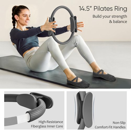NANATI Pilates Kit 18PCS, Pilates Essentials Kit for Women Home Workouts, Pilates Equipment with 14.5" Pilates Ring and Ball,7 Resistance Bands,Ankle Weights,Sliders & Grip Socks for Beginners