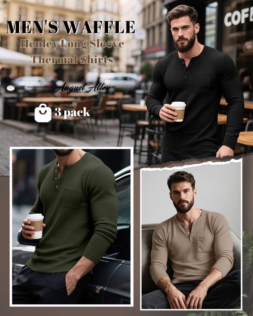 August Alley 3 Pack Men's Waffle Henley Long Sleeve Thermal Shirts, Lightweight Casual Undershirts Pullover Tops with Pockets(Black, Coffee, Dark Army Green,Large)