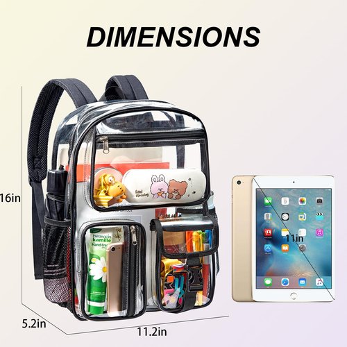 gdbis Heavy Duty Clear Backpack for Stadium Events, Large Capacity Clear Bookbag Transparent Backpack with Reinforced Strap for College Work Travel Concerts Security - Black