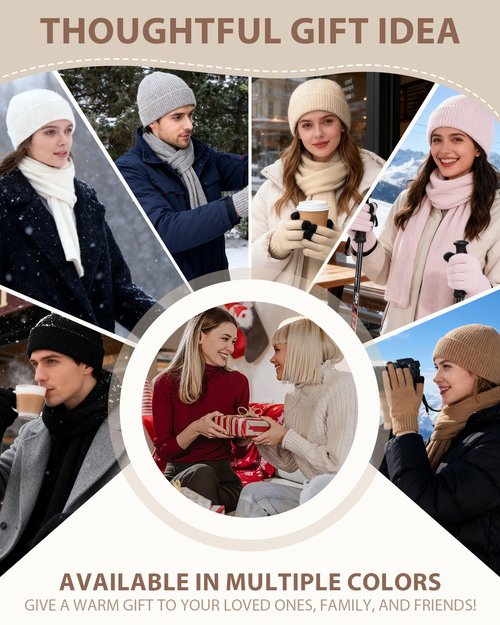 AWAYTR Women Winter Beanie Hat Scarf Gloves Set, 3Pcs Warm Knitted Hat Touchscreen Gloves Long Scarf for Cold Weather (Black)