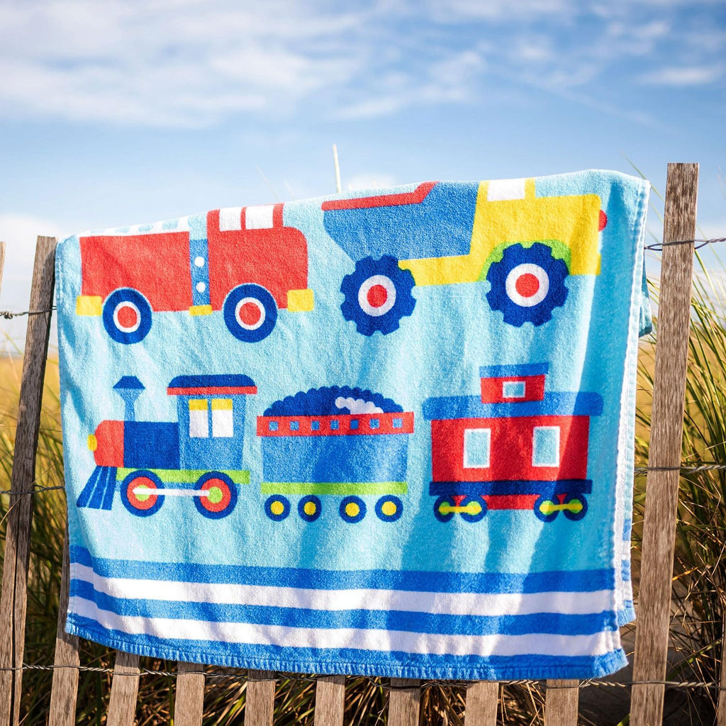 Wildkin Kids Beach Towel - Soft & Absorbent 100% Cotton Pool Essential | Trains, Planes & Trucks Design