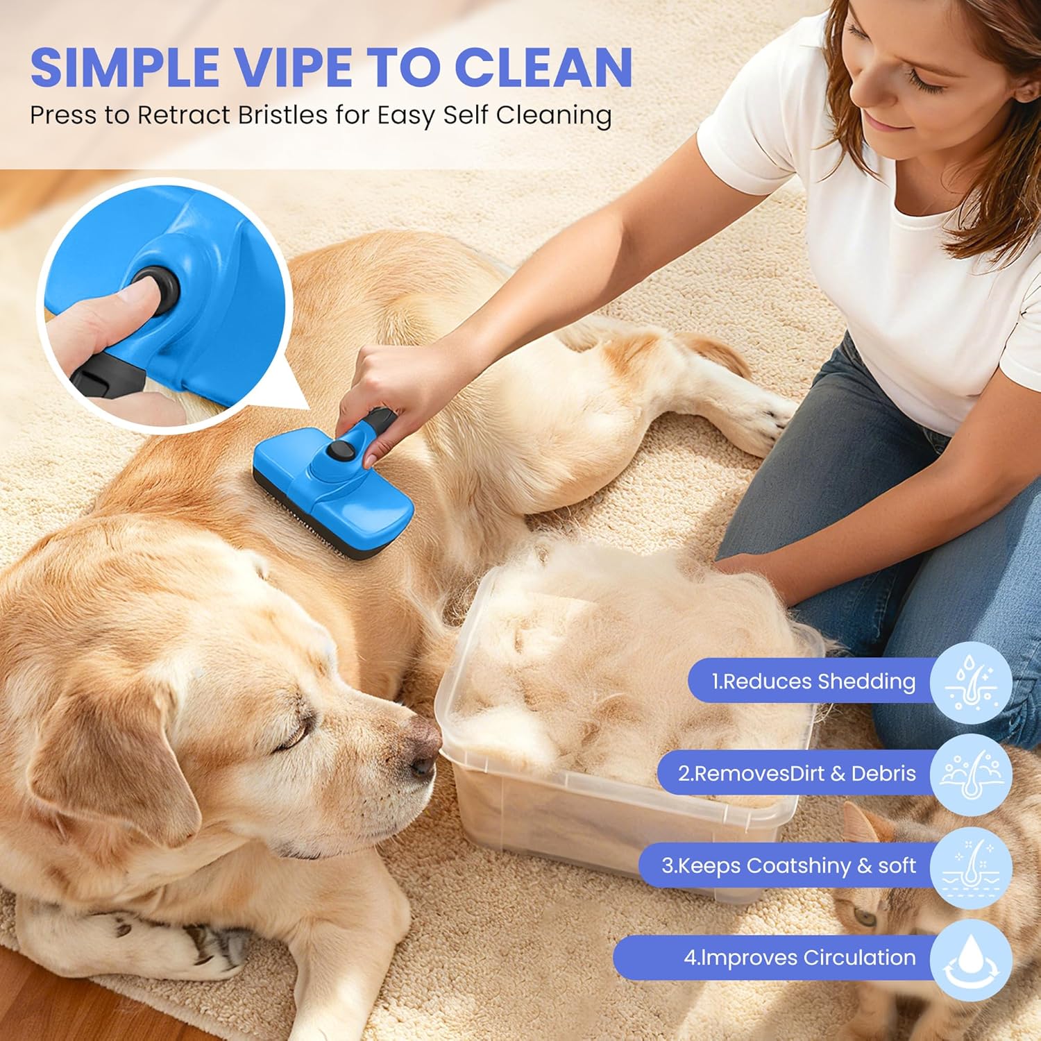 Skiennix Self-Cleaning Shedding Brush - 5-in-1 Professional Grooming Kit for Dogs & Cats | Blue
