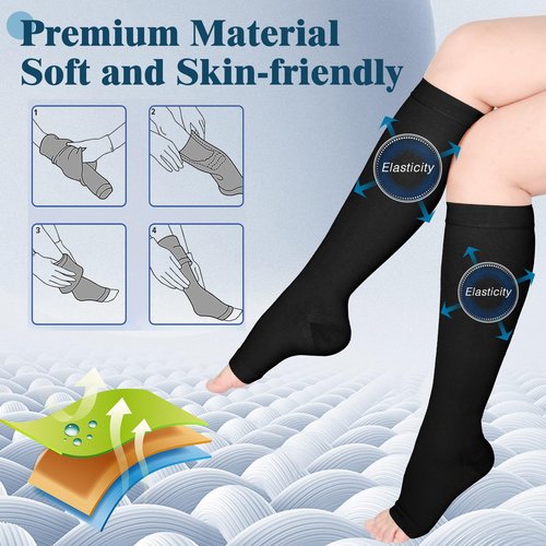 Wegitcs 2 Pairs Compression Socks for Women and Men,20-30mmHg Open Toe Compression Sock,Knee High Graduated Medical Compression Stockings,Best Support Socks for Varicose Veins(Beige&Black,Large)