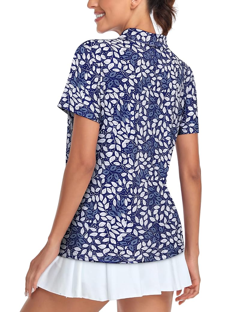 Tanst Sky Women's Golf Polo Shirt - Short Sleeve V-Neck with Adjustable Zip, Leaf Pattern (A-Blue White) - Athletic Workout Top