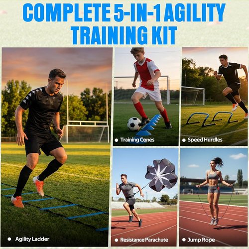 Agility Ladder Set - 20ft Speed Ladder with 4 Hurdles, Parachute, 12 Cones & Jump Rope | Enhance Agility & Speed for Kids and Adults