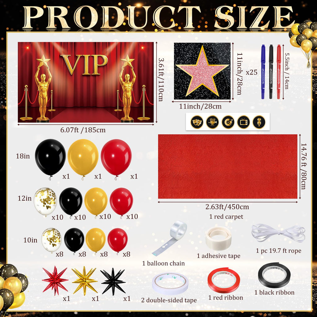 Tiamon 108 Pcs VIP Theme Party Decorations - Red Carpet with VIP Photo Backdrop Star Stickers Red Gold Black Balloons Markers for Movie Night Themed Prom Birthday Party Decorations