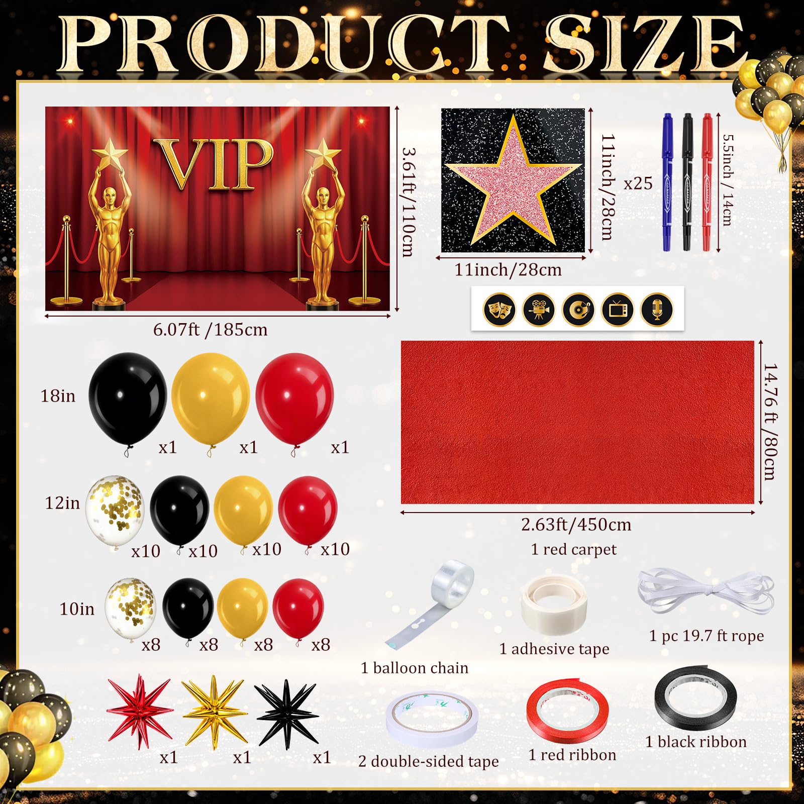 Tiamon 108 Pcs VIP Theme Party Decorations - Red Carpet with VIP Photo Backdrop Star Stickers Red Gold Black Balloons Markers for Movie Night Themed Prom Birthday Party Decorations