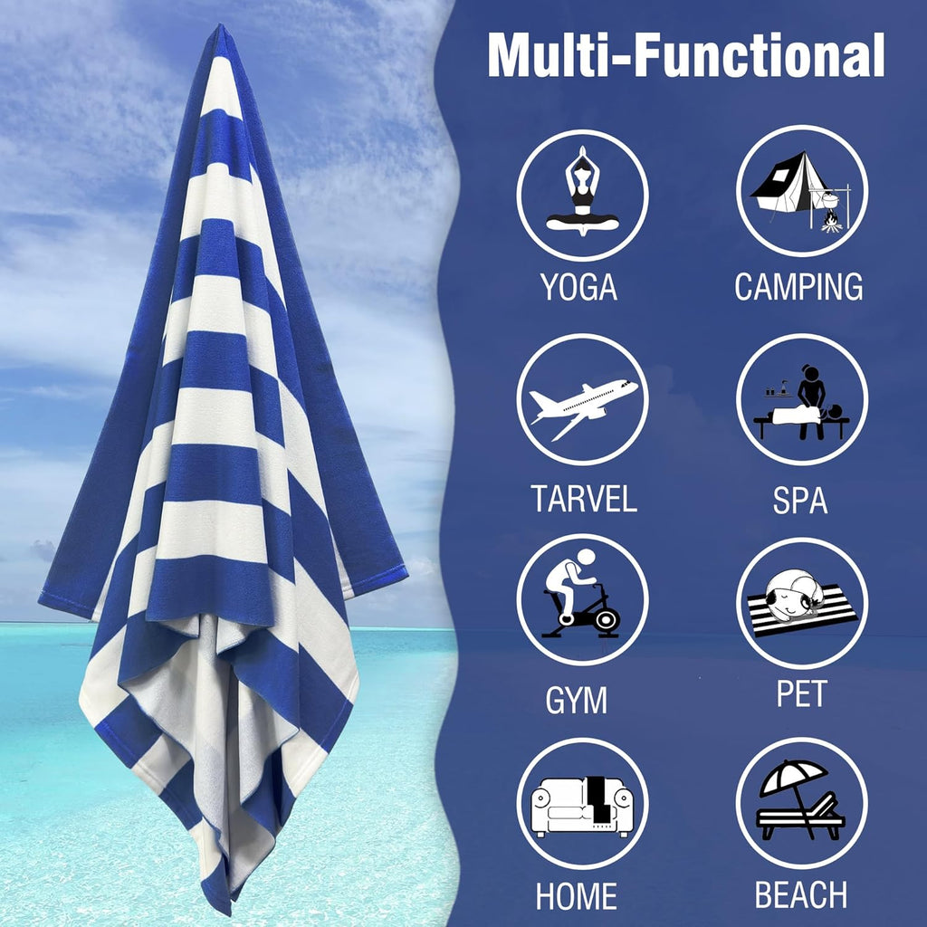 Regine Switzerland Large Oversized Beach Towel - 35 x 70 Inch Navy Striped Quick-Dry Microfiber