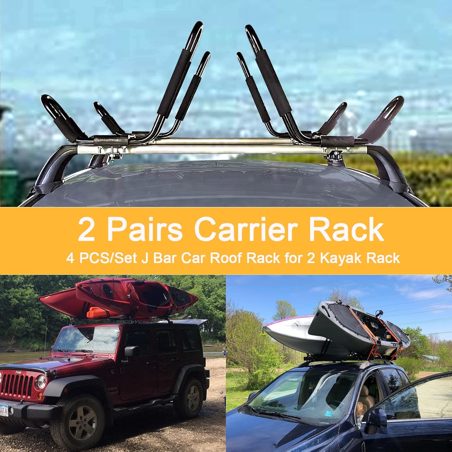 PIRIPARA Kayak Roof Rack - J-Bar Carrier Holder for Canoes & Surf Skis | Set of 4 for SUVs & Trucks