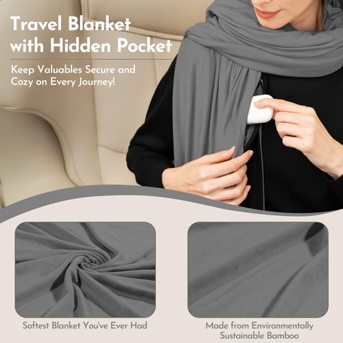 16-in-1 Compact Travel Blanket with Bag – Reversible, Ultra Soft Bamboo Airplane Blanket with Hidden Pocket – Packable for Flights & Travel Essentials (Semi-Weighted, Double Layer)