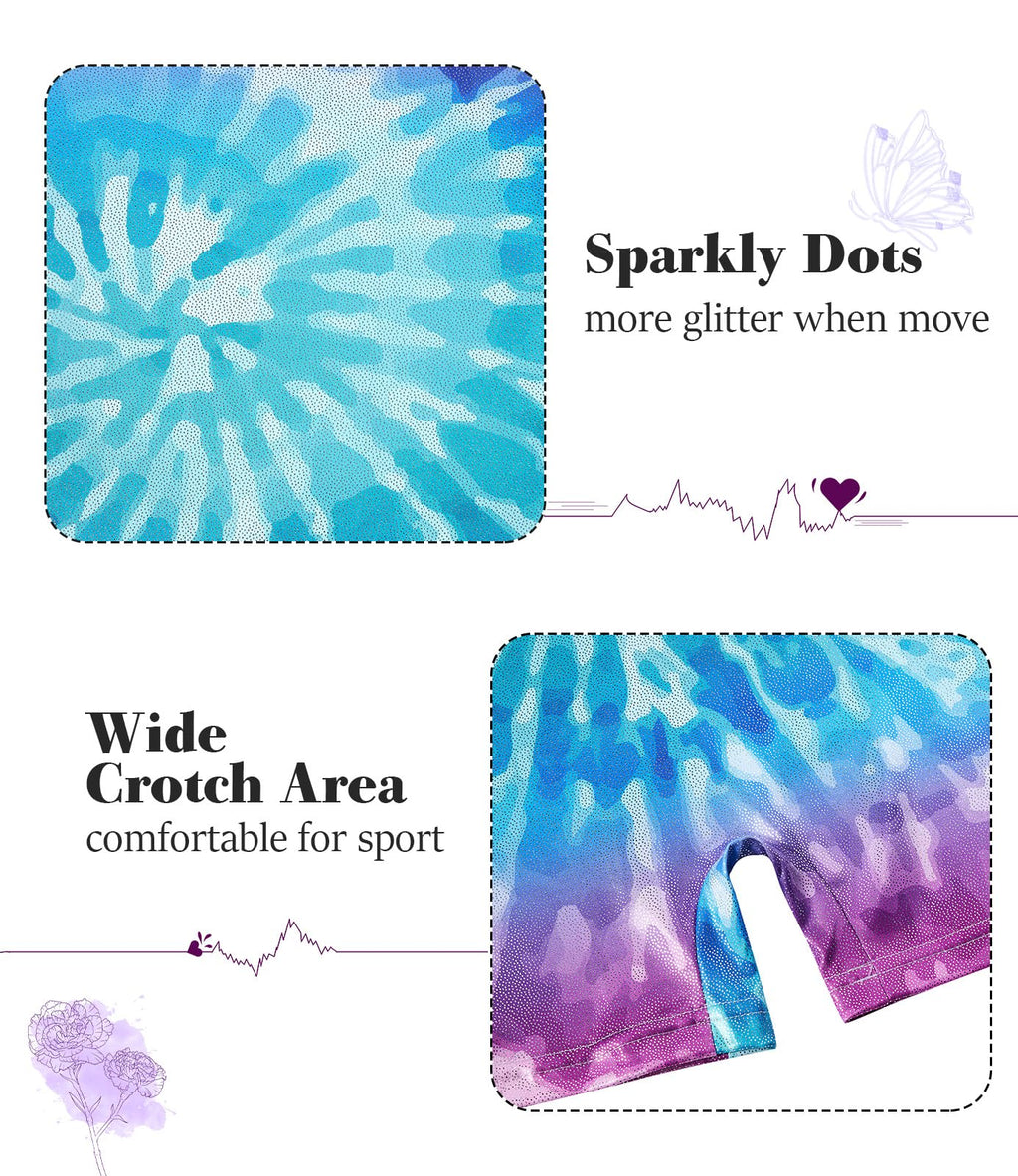 Vogseek Sparkly Gymnastics Leotards for Girls 4 5 Years Cute Psychedelic Tie Dye Shiny Ballet Dance Unitards Biketards with Hair Scrunchie Kids Tumbling Shorts Activewear Clothes