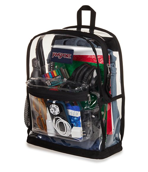 JanSport Clear Pack – 25.5L Transparent Backpack, Large Main Compartment, Side Water Bottle Pocket, Front Zippered Pocket, Mesh Bottom Panel, Clear
