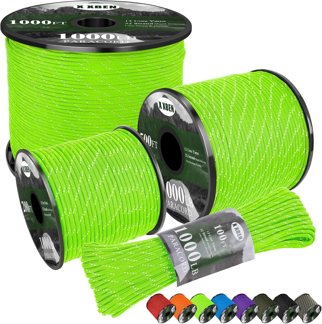 XXBEN Paracord - Reflective 1000lb Survival Rope | 4mm 13 Strand for Camping, Fishing & DIY Crafts - Neon Green