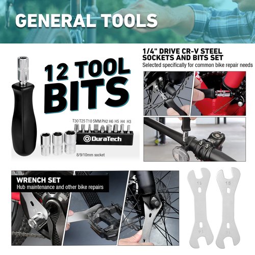DURATECH 31 Pieces Bicycle Tool Kit, Complete Bike Repair Kit with Storage Box, Mountain Bike Repair Tools, for Mountain, Road, and Park Bicycle with Chain Riveter, Tire Levers, Crank Puller