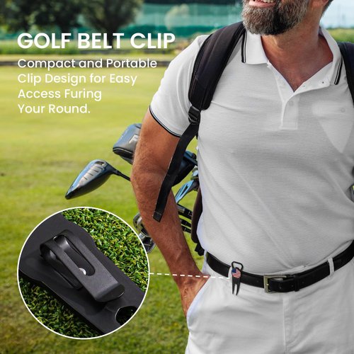 FINGER TEN Golf Divot Repair Tool and Ball Marker 7-in-1 Value 2 Pack, Premium Leather Grip Tools with Belt Clip, Club Tee, Club Groove Cleaner, Bottle Opener, Putting Alignment Guide (Black)