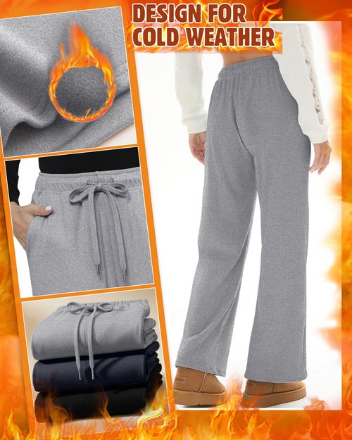 Velvelhall 3 Pack Women's Wide Leg Fleece Lined Sweatpants Thermal Lounge Warm Pants Drawstring Elastic Waisted with Pockets(Black, Blue Gray, Light Gray,X-Large)