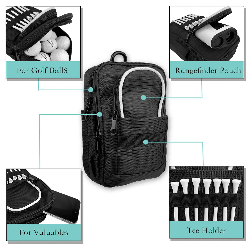 Tactical Golf Valuables Pouch with Clip-On Carabiner – Water-Resistant Golf Tee Bag Pouch for Belt, Cart or Backpack – Compact Golf Accessory Bag for Balls, Tees, Gloves & EDC Gear Black/White