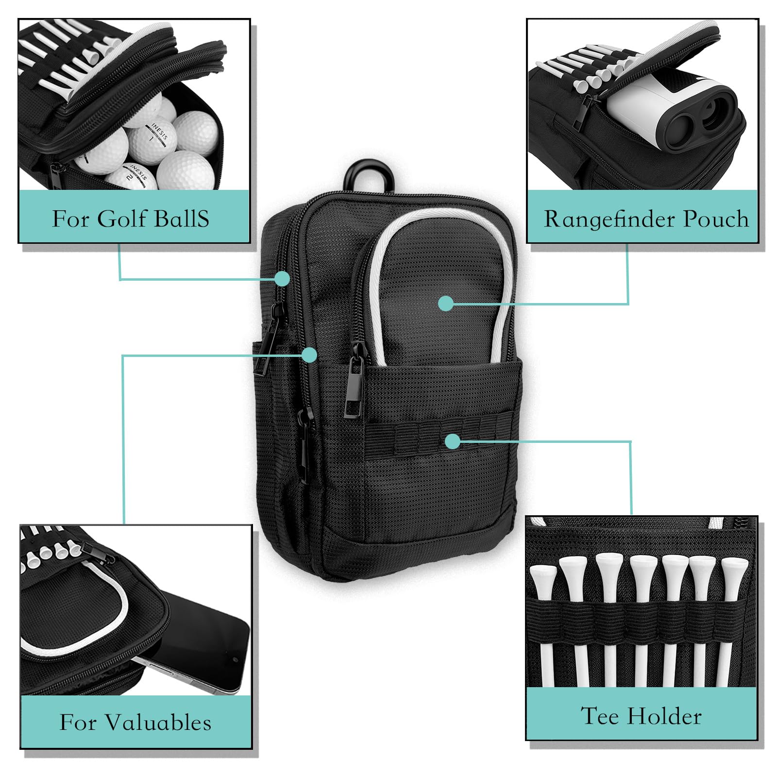 Tactical Golf Valuables Pouch with Clip-On Carabiner – Water-Resistant Golf Tee Bag Pouch for Belt, Cart or Backpack – Compact Golf Accessory Bag for Balls, Tees, Gloves & EDC Gear Black/White