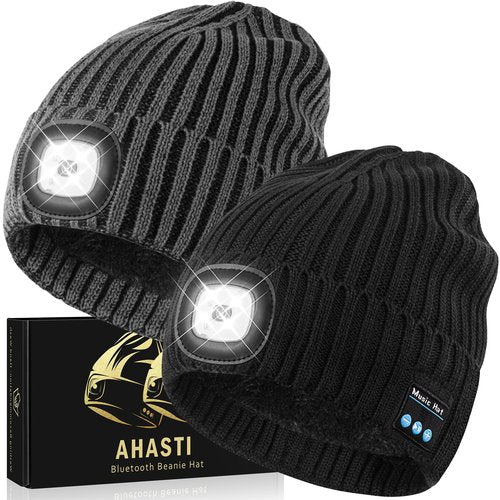 AHASTI 2 Pack Bluetooth Beanie Hat with Light for Men, Rechargeable LED Beanie with Light, Headlamp Cap Wireless Headphones, Christmas Gifts for Teens Stocking Stuffers for Men Dad（Black&Gray）