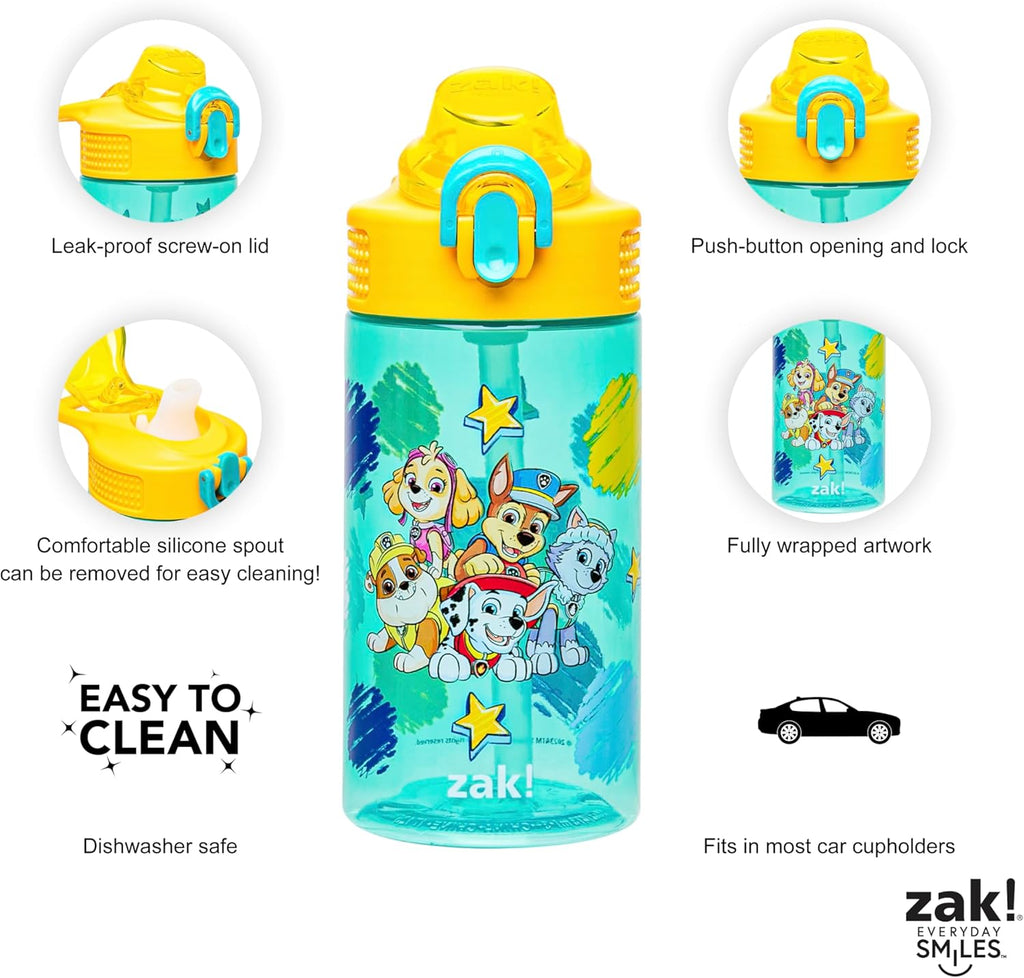 Zak Designs PAW Patrol Water Bottle - 16oz Durable Plastic With Straw & Leak-Proof Design | Perfect for School & Travel