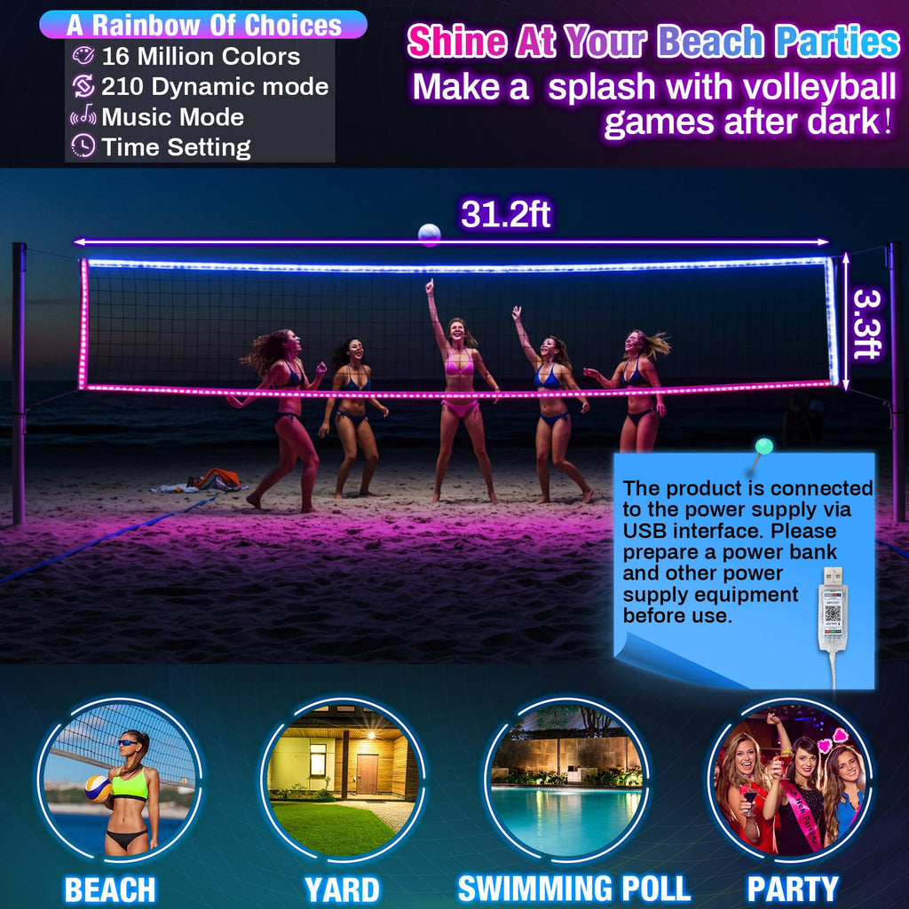 LED Professional Volleyball Net with Steel Cable 31.2x3.3ft Portable Light up Volleyball Net Outdoor with Remote Music Control Glow in The Dark for Backyard Beach Pool Game Outdoor