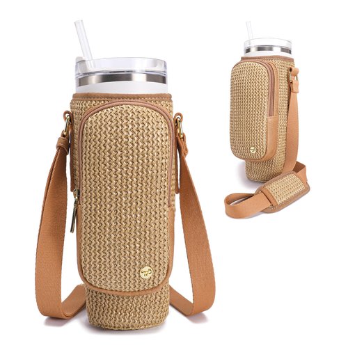 NEICOA Straw Water Bottle Holder with Strap for Stanley Cup 40/30 oz Summer Crossbody Bags Water Bottle Carrier Sling Woven Beach Purse with Phone Pocket Travel(Khaki 30oz)