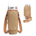NEICOA Straw Water Bottle Holder with Strap for Stanley Cup 40/30 oz Summer Crossbody Bags Water Bottle Carrier Sling Woven Beach Purse with Phone Pocket Travel(Khaki 30oz)