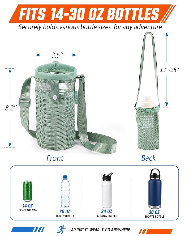 Water Bottle Holder Carrier with Strap - Khaki/Green Mesh Bottle Sling