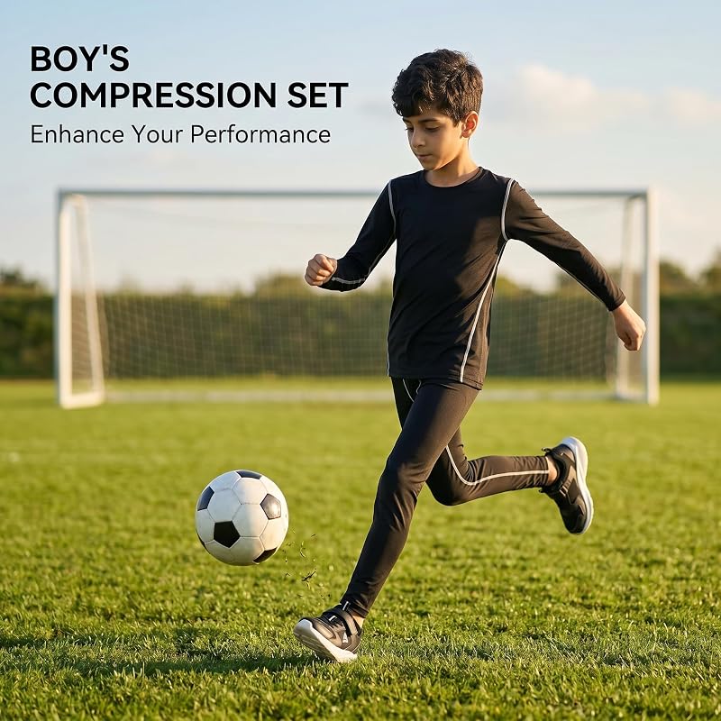 Base Layer Set for Kids - Long Sleeve Top + Full Length Pants, 4-Way Stretch, Quick Dry, 120–160 cm, Variation: Black+5