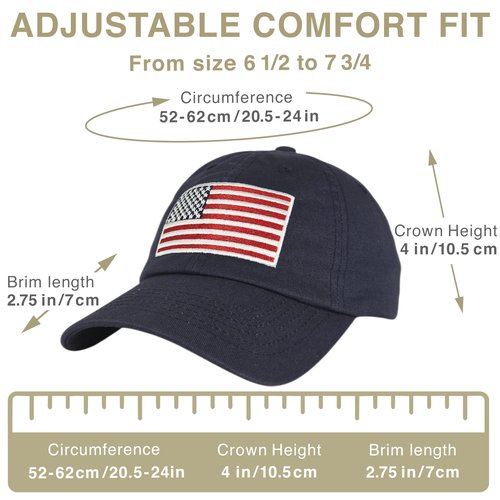 American Flag Embroidered Baseball Cap 100% Cotton, Old Glory USA Flag, Adjustable Metal Buckle Strap, Unstructured Low-Profile Dad Hat for Men & Women Navy