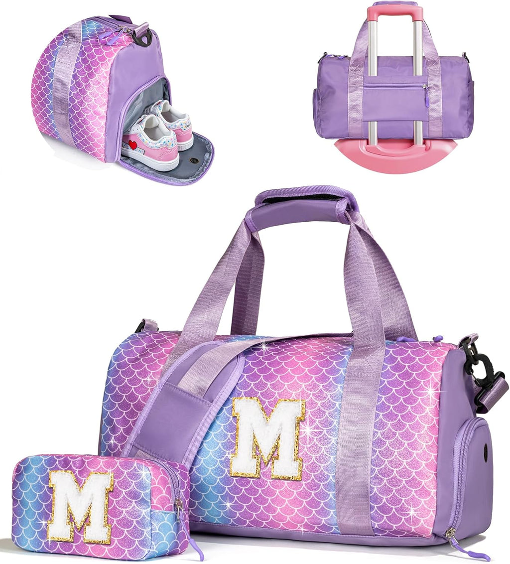 Skiennix Girl Gym Bag - Personalized Weekender Tote with Shoe Compartment & Makeup Pouch | Ideal Gift for Ages 3-10 (Letter M)