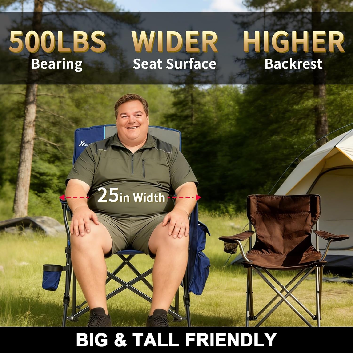 Romswi Heavy Duty Oversized Camping Chairs - 500 LBS Capacity | 2-Pack with Cup Holder & Side Pocket