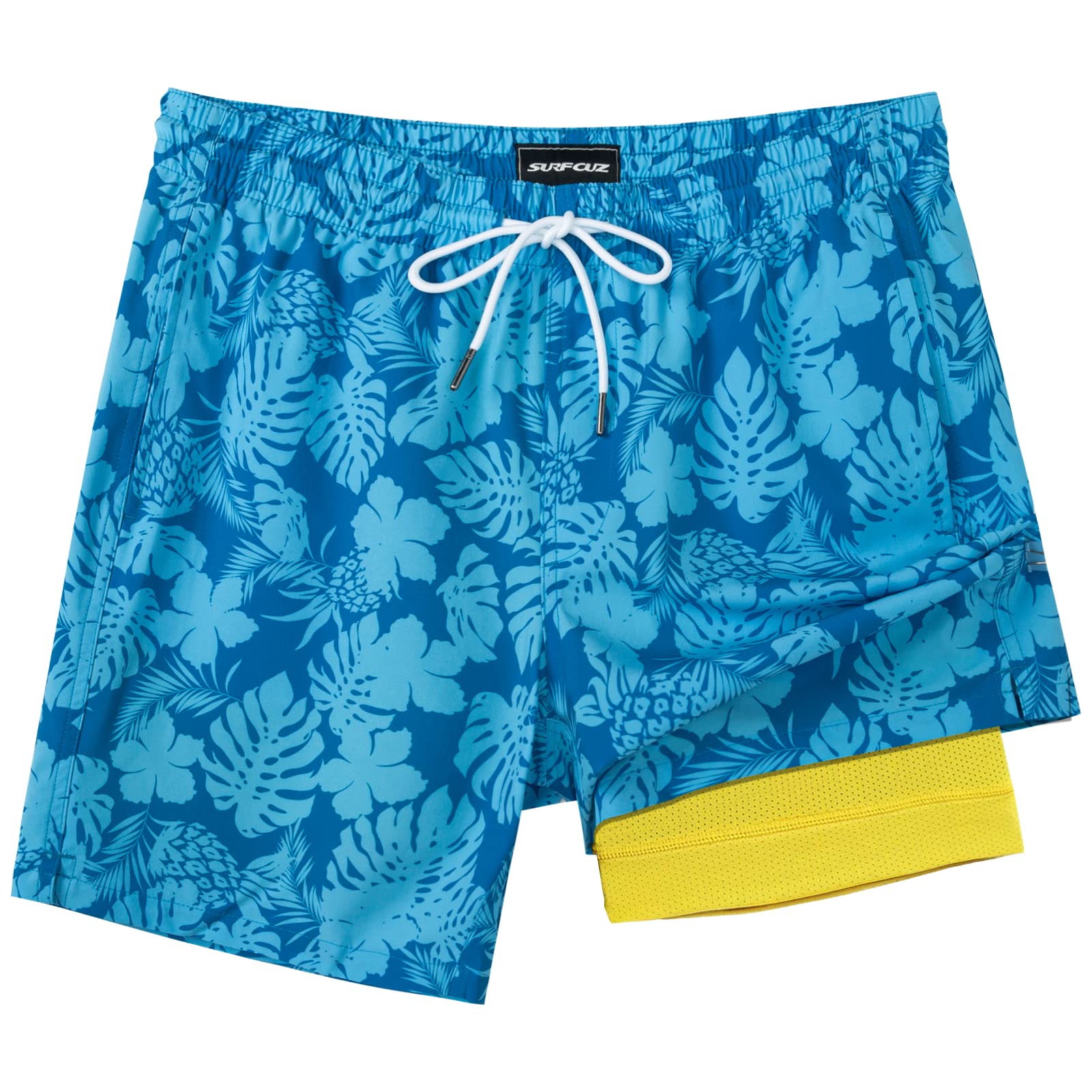 SURF CUZ Mens Swim Trunks with Compression Liner Quick Dry Swim Shorts 7" Swimming Trunks Stretch Zipper Pockets Blue Flower Leaves X X-Large